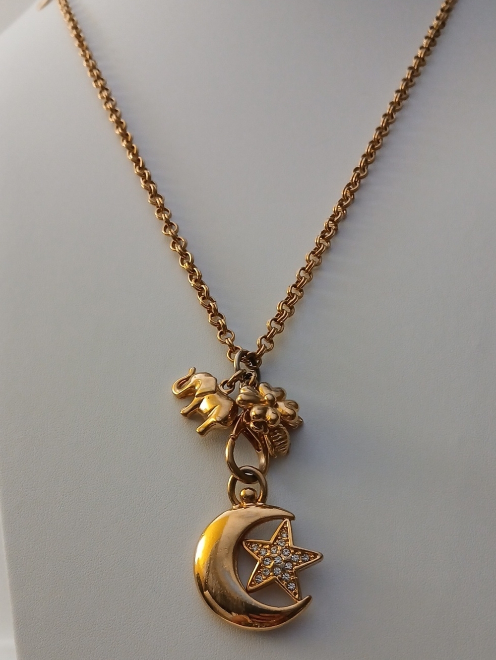 Vintage JOAN RIVERS Gold-Tone Elephant, Flower, Bee, Moon & Star Charm Necklace